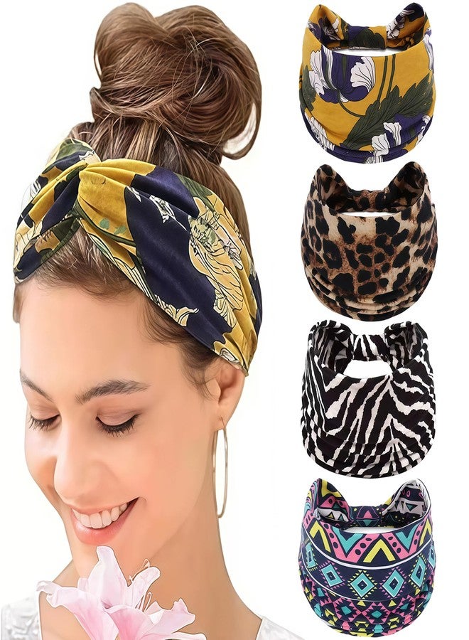 Keeshibao Wide Headbands for Women Non Slip Soft Fabric Hair Wrap, 4-Pcs Cloth Headbands, Boho Stretchy Fashion Headbands Fabric Twist Head Wraps for Women Girls Workout Yoga Hair Bands- Leopard - Image 1